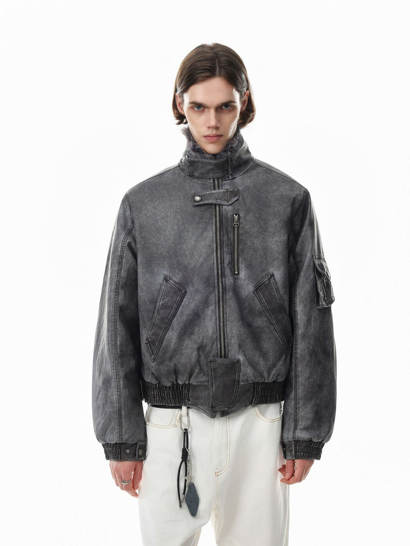 Vintage Washed Bomber Jacket with Faux Fur Collar — Oversized Padded Flight