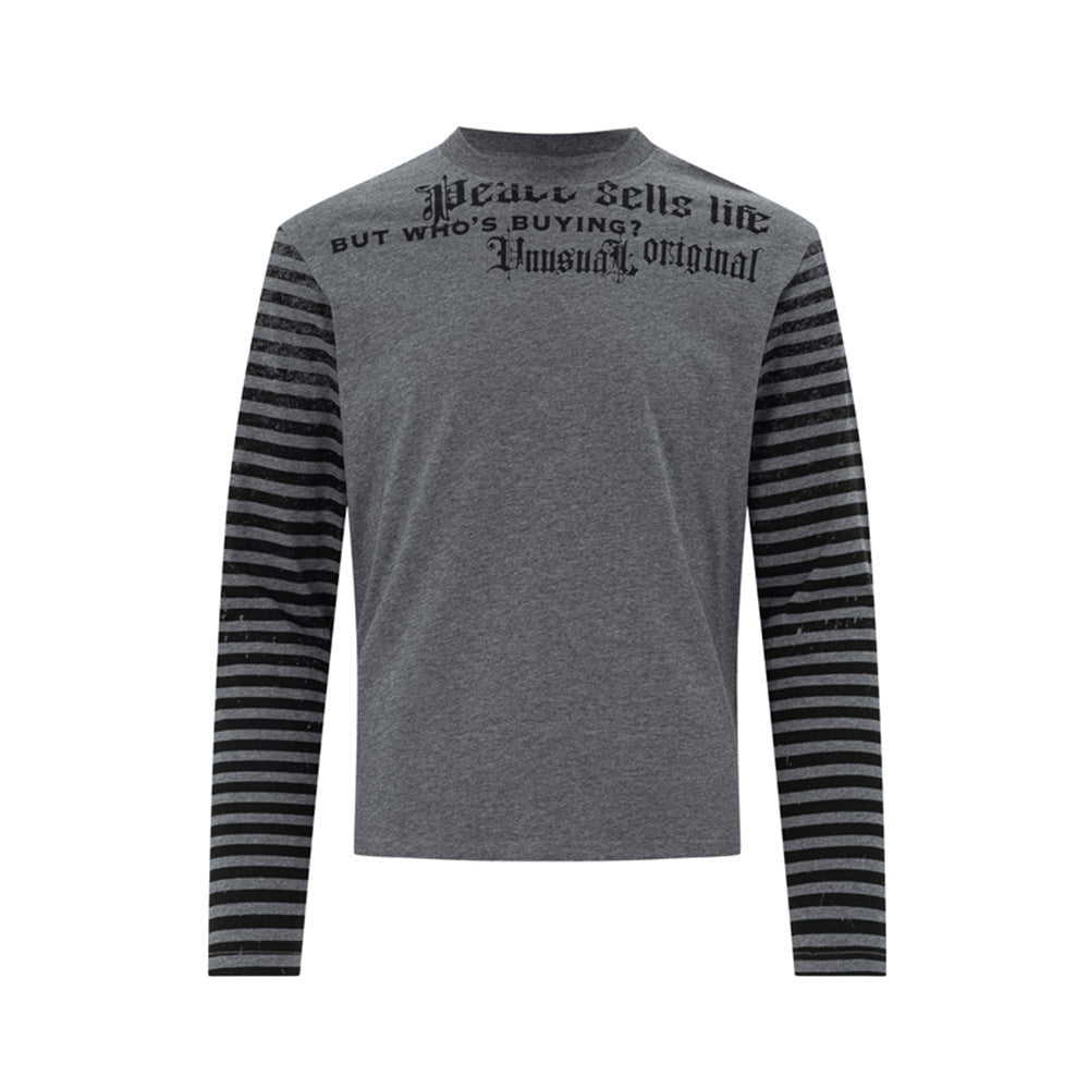 Men's Gothic Letter Print Long-Sleeve Tee with Striped Sleeve Splice
