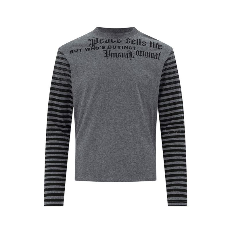 Men's Gothic Letter Print Long-Sleeve Tee with Striped Sleeve Splice