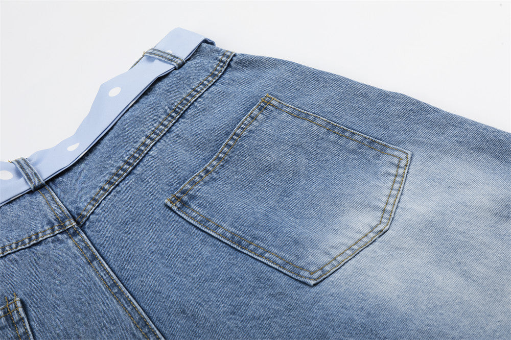 I Love RUNTENG Letter Print Wide-Leg Denim Shorts with Polka Dot Tie Detail