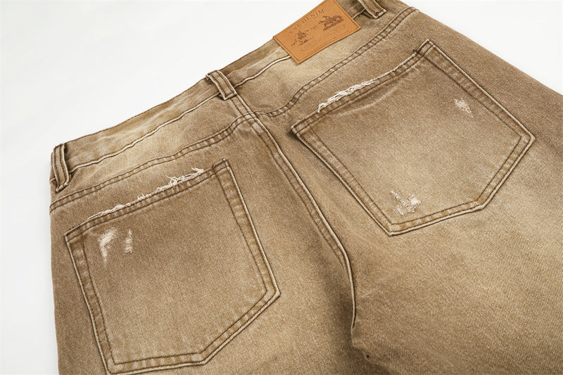 Men's Distressed Wide-Leg Flare Jeans – Vintage Sand-Washed Brown Denim