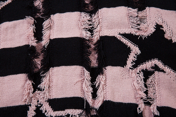 Pull oversize en maille rayée à étoiles délavée – Col rond à franges