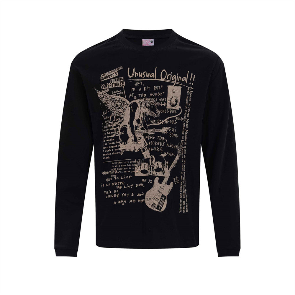 Oversized long-sleeve rock guitar graphic crew neck tee in black with Unusual Original collage print