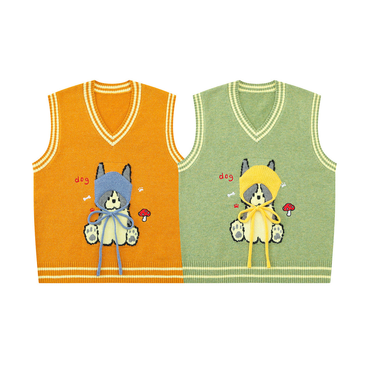 Cartoon Dog Knit Sweater Vest V-Neck Collegiate Stripe Sleeveless Pullover