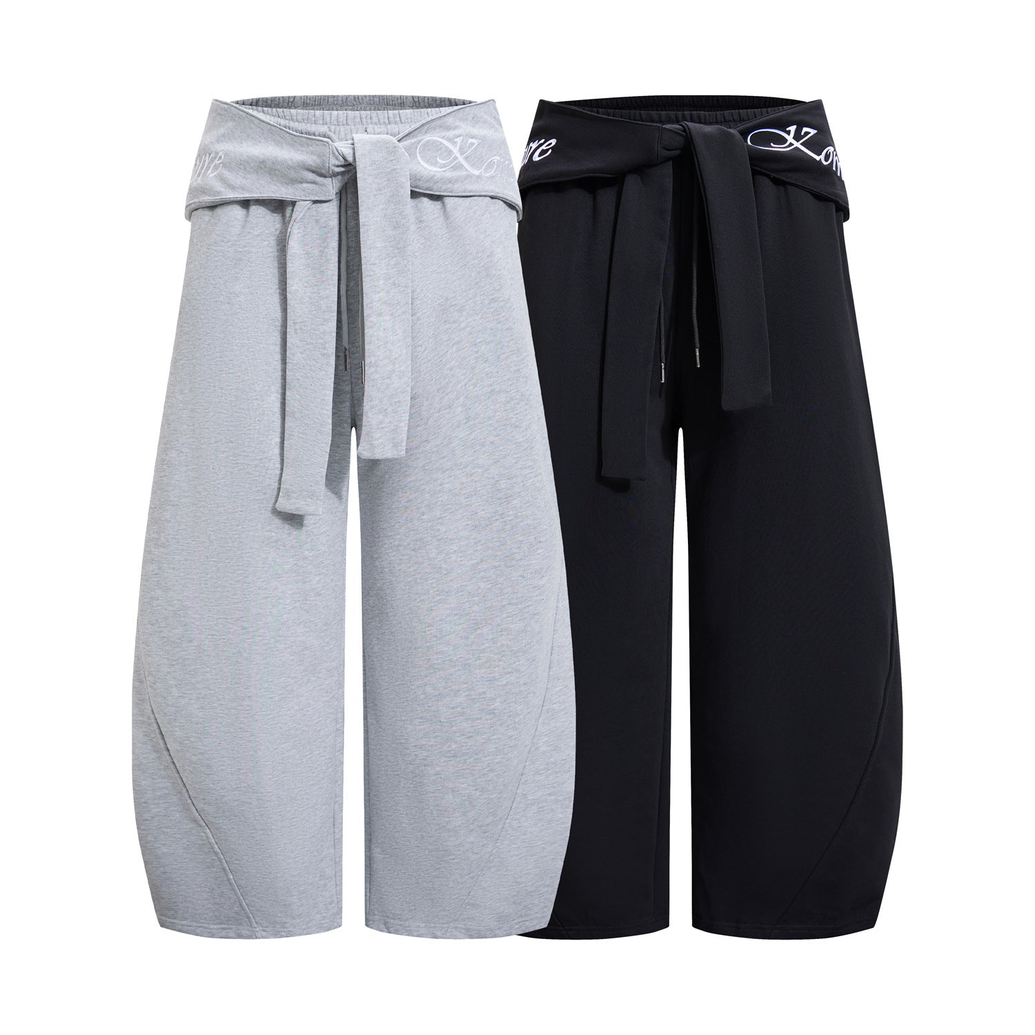Wide-Leg-Sweatpants mit umgeschlagenem, besticktem Bund und Bindegürtel vorn in meliertem Grau und Schwarz