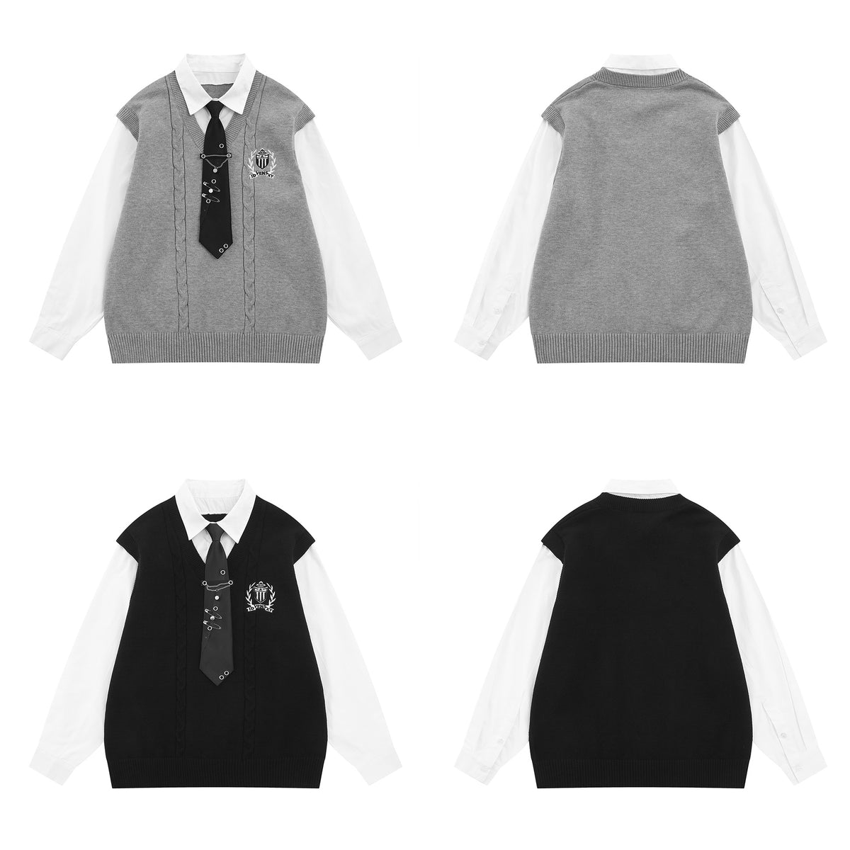 Cable Knit Sweater Vest Layered Shirt with Tie – Collegiate Preppy Style