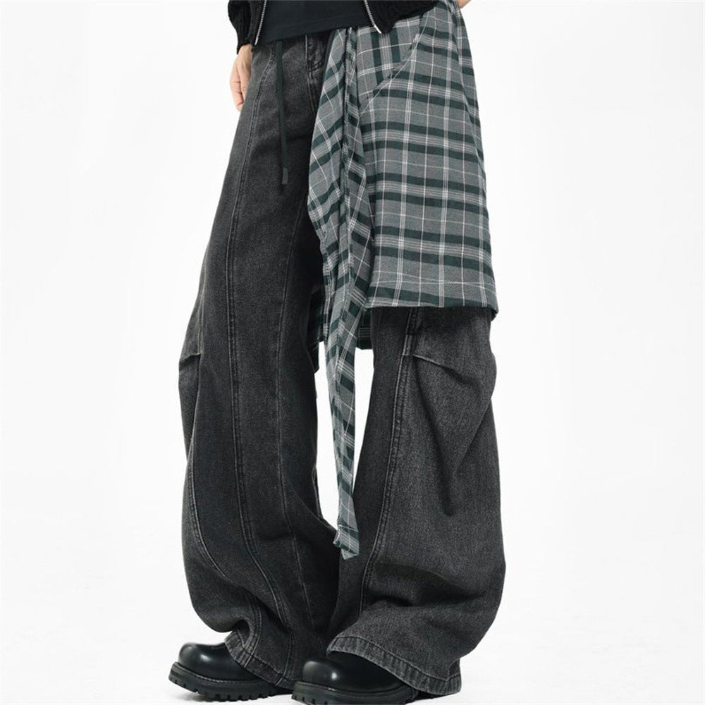 Wide-Leg Jeans with Detachable Plaid Skirt Overlay — Deconstructed Punk
