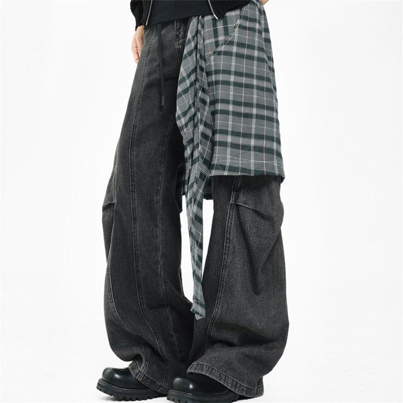 Wide-Leg Jeans with Detachable Plaid Skirt Overlay — Deconstructed Punk