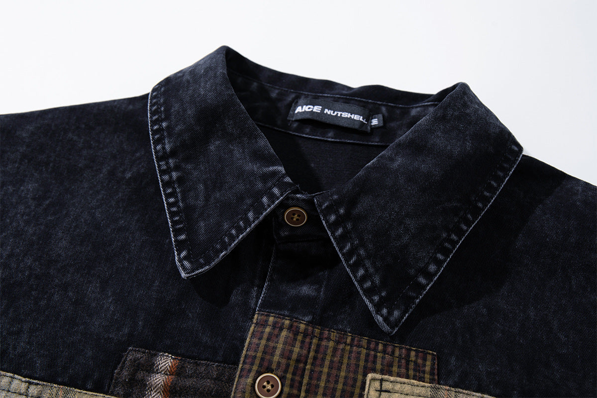 Patchwork Plaid Washed Denim Shirt – Oversized Vintage Nomad Style