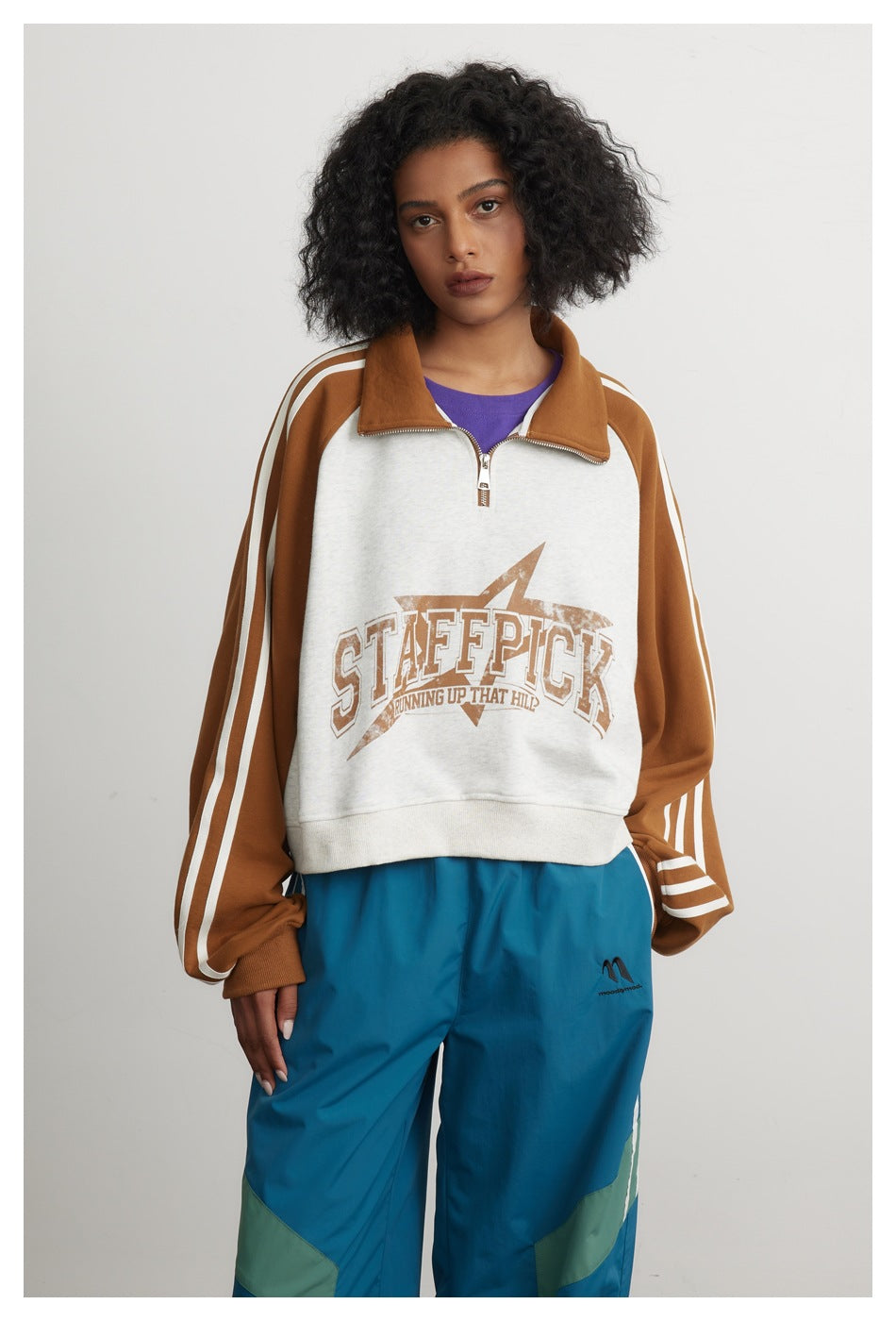 Cropped Half-Zip Sweatshirt Jacket – Colorblock Raglan with Stripe Sleeves