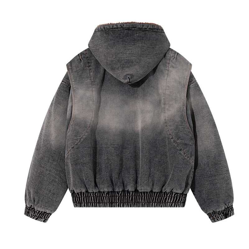 Washed Denim Padded Hoodie Jacket with Embroidered Logo & Sherpa Collar