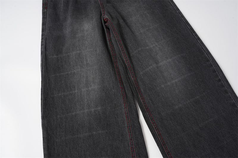 Wide Leg Jeans with Wing & Star Back Print, Red Contrast Stitching