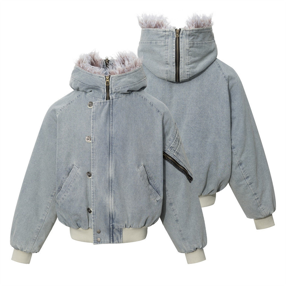 Washed Denim Hooded Bomber Jacket with Faux Fur Collar – Padded Winter Coat