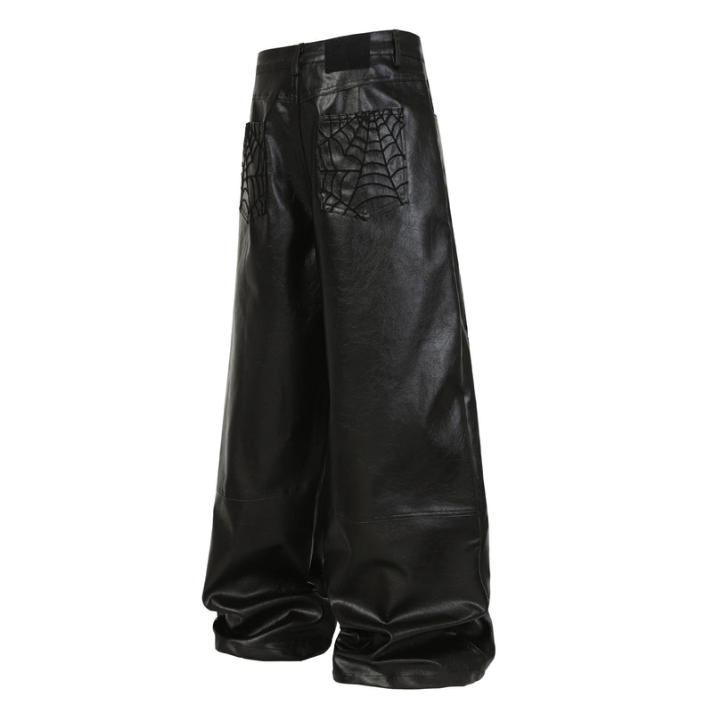 Wide-Leg Faux Leather Pants with Spiderweb Embossed Panels