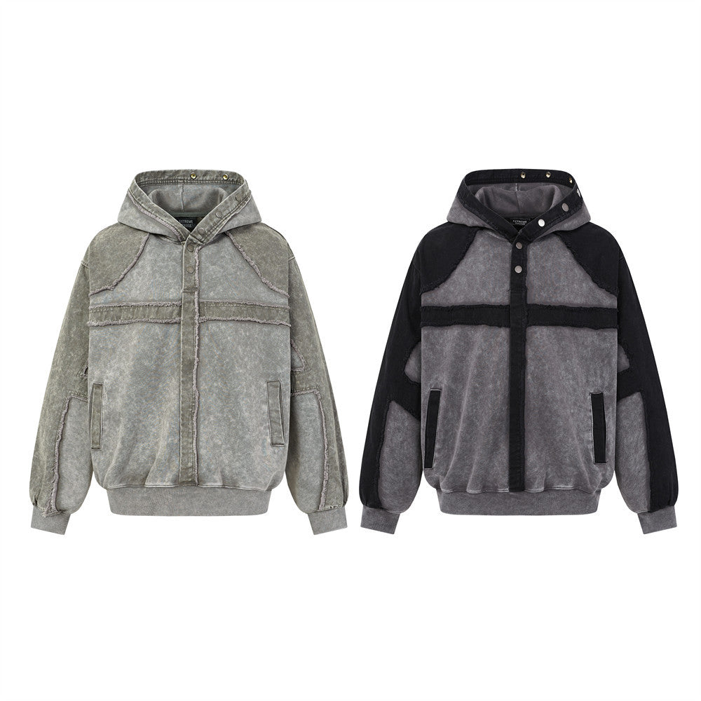 Veste à capuche zippée délavée à l'acide – Patchwork à bords francs et coupe oversize