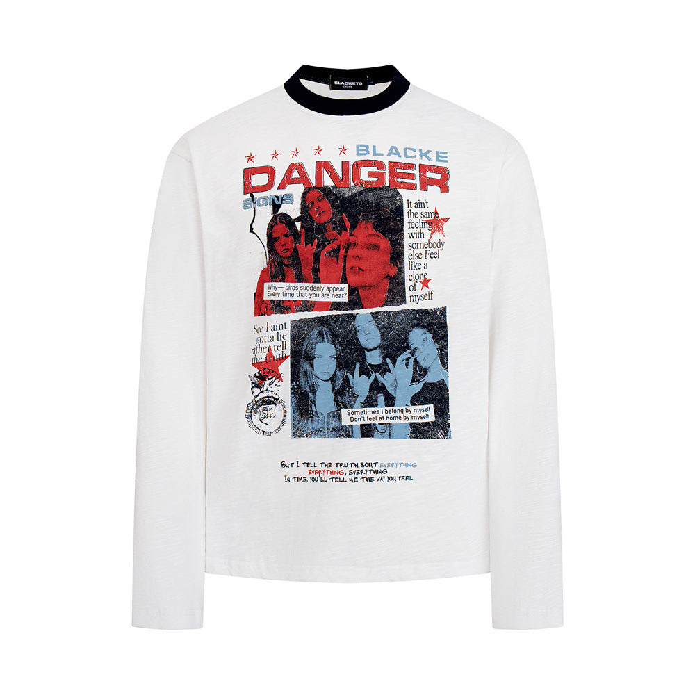 BLACKE78 white long-sleeve graphic tee with distressed vintage band print and black contrast crew collar, front view