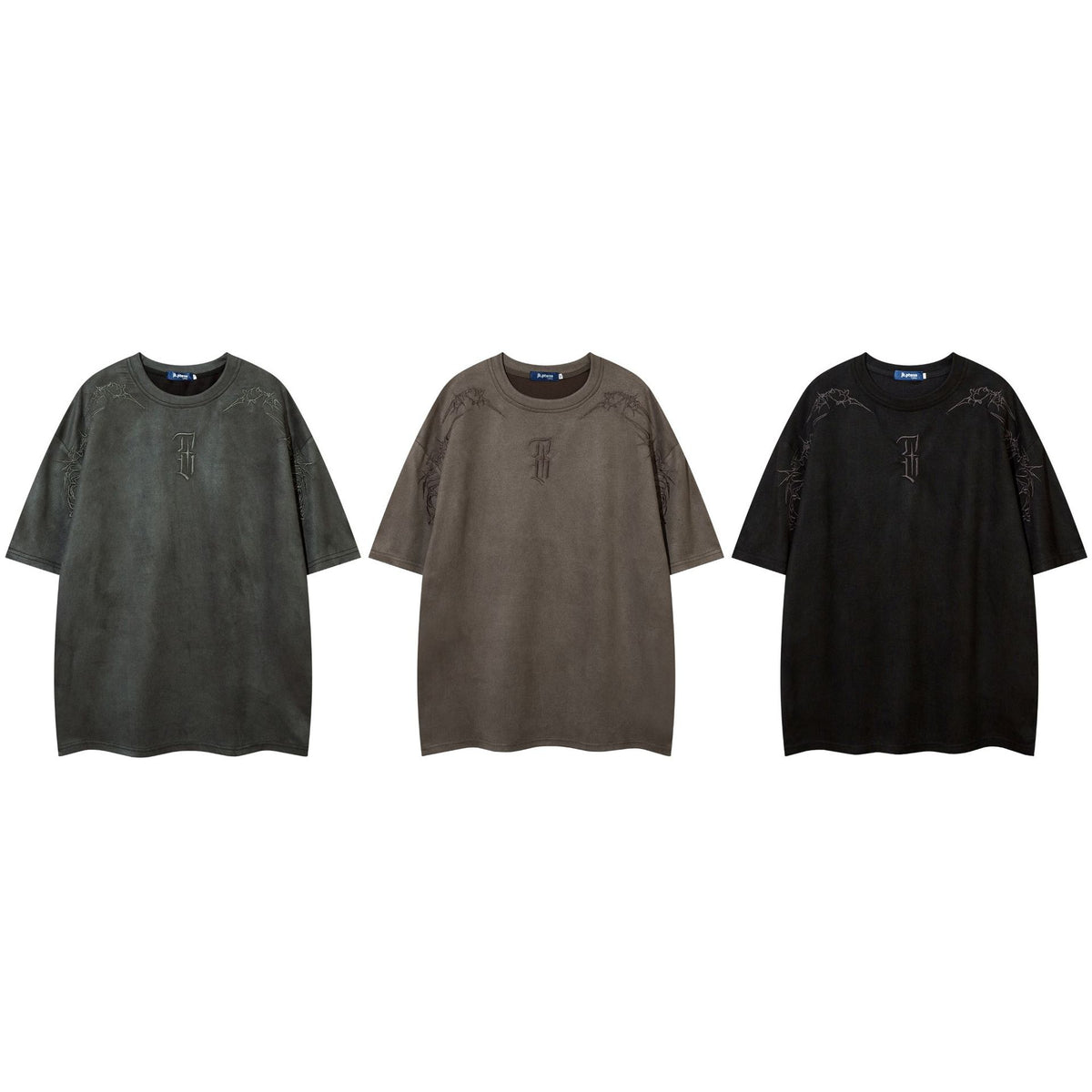 Men's Oversized Suede-Finish Thorn Embroidery Short Sleeve T-Shirt