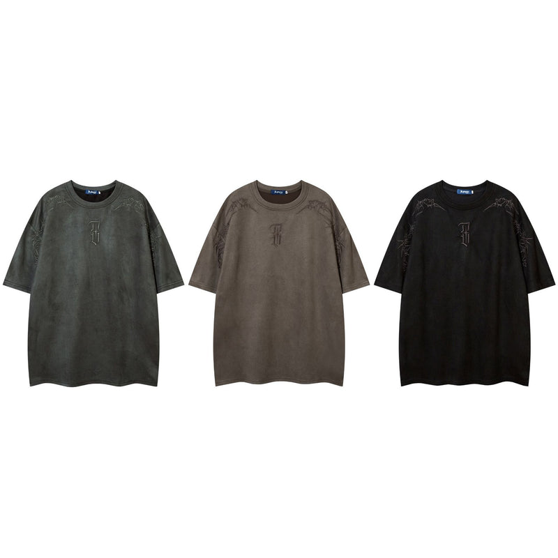 Men's Oversized Suede-Finish Thorn Embroidery Short Sleeve T-Shirt