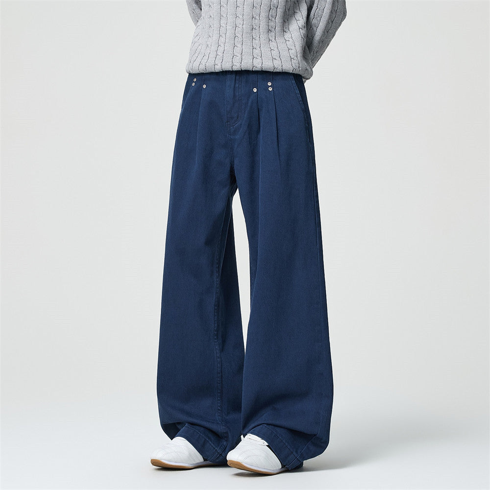 Wide-Leg Pleated Trousers – Men's High-Street Solid Color Straight-Cut Pants