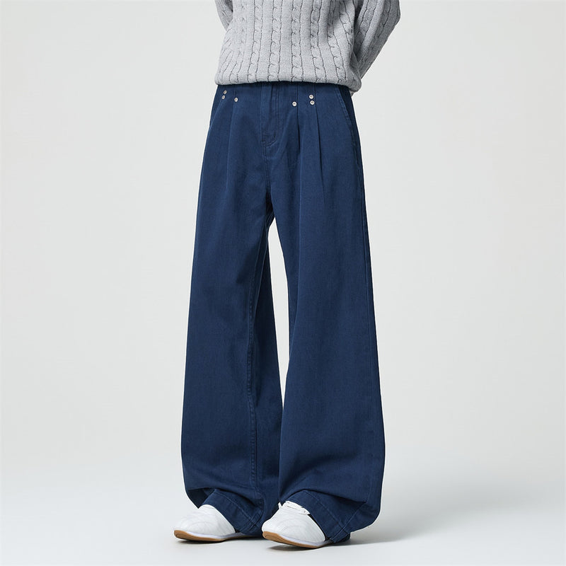 Wide-Leg Pleated Trousers – Men's High-Street Solid Color Straight-Cut Pants