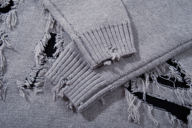 Melbourne Distressed Fringe Knit Sweater – Oversized Streetwear Crewneck