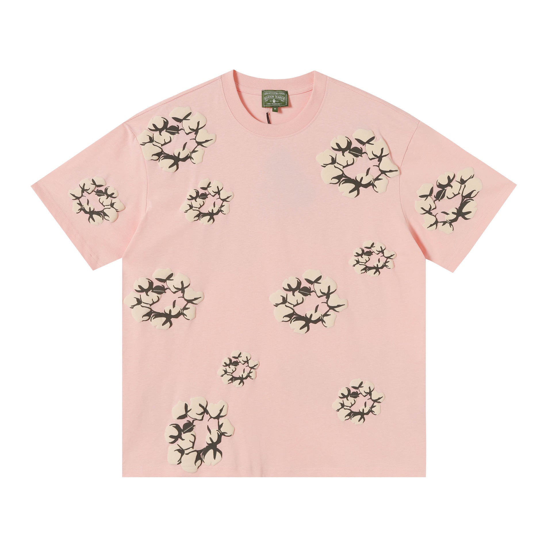 Denim Tears pink cotton T-shirt with all-over cotton wreath print on front and sleeves