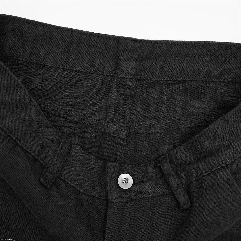 Schwarze Wide-Leg-Hose für Herren – Flammen- und Sternstickerei mit Nieten, gerade geschnitten
