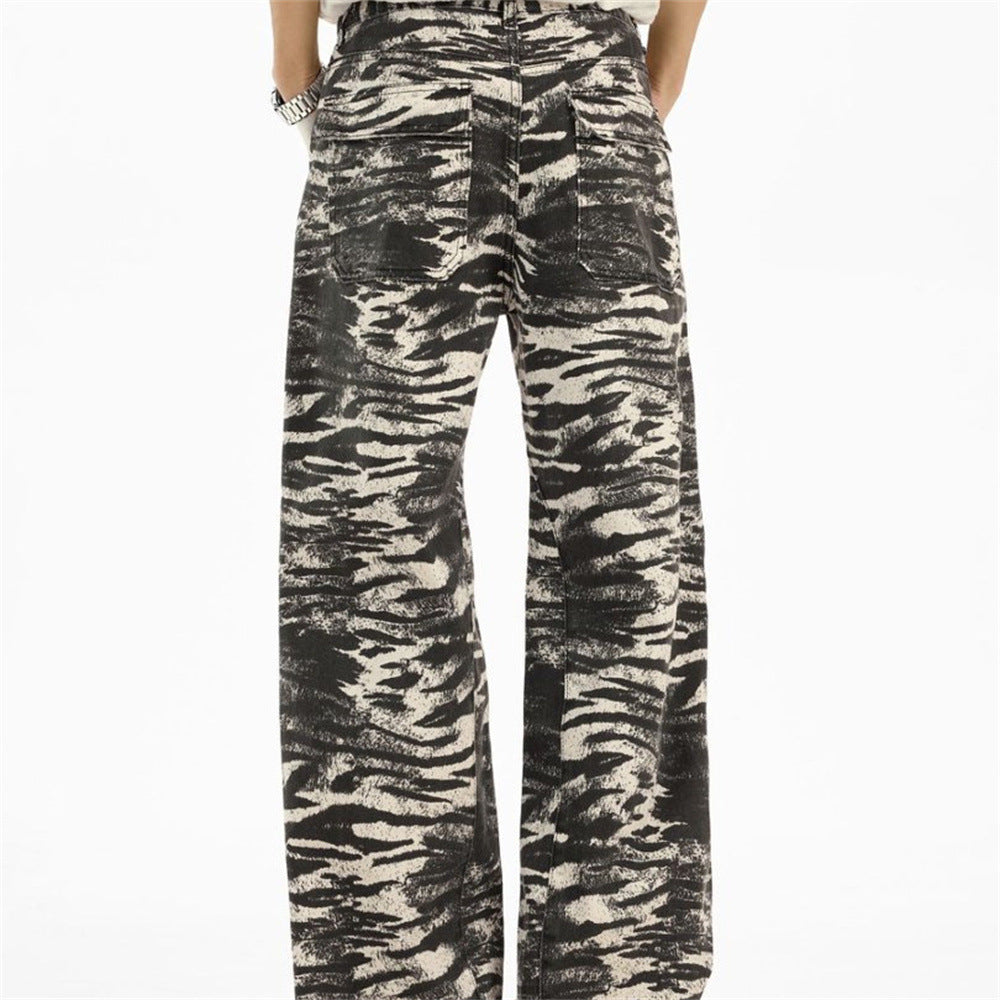 Zebra Print Wide-Leg Jeans – Men's Straight Fit Punk Street Style Denim Pants