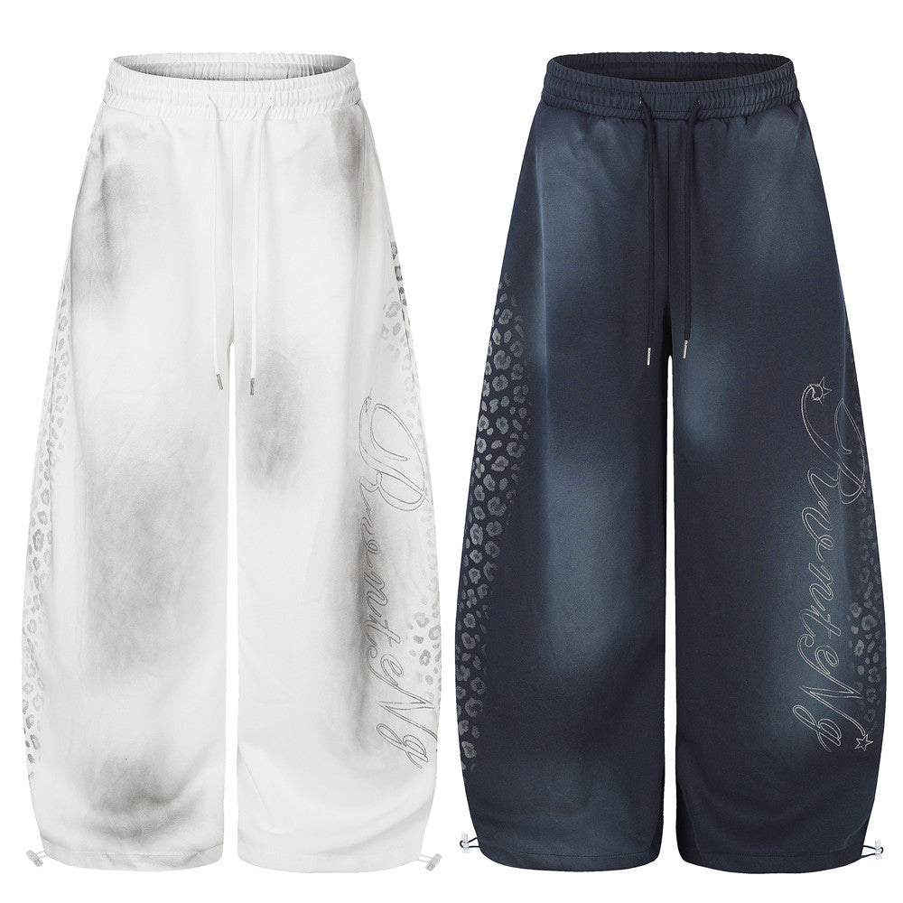 Men's Wide Leg Pants Tie-Dye Leopard Print Curved Hem Drawstring Sweatpants