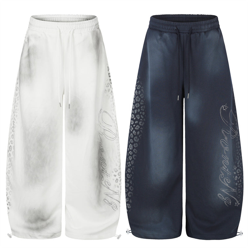 Men's Wide Leg Pants Tie-Dye Leopard Print Curved Hem Drawstring Sweatpants