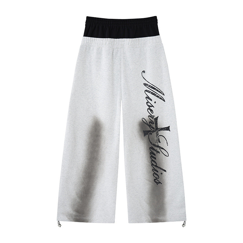 Wide-Leg-Sweatpants mit Colorblock-Doppelbund und Varsity-Grafikprint