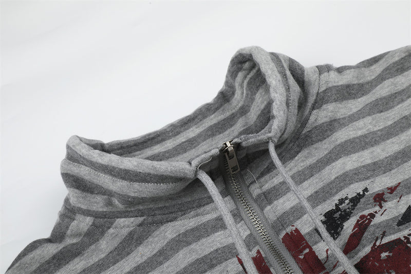 Gray Zip Up Jacket Striped Union Jack Stand Collar Unisex Sweatshirt Coat