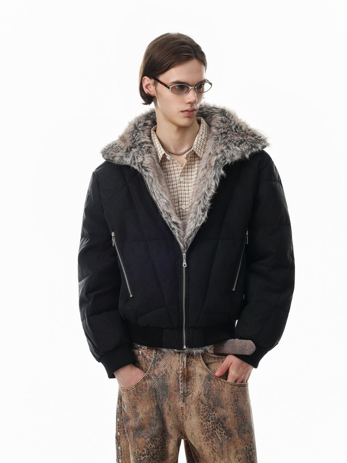 Oversized faux fur collar quilted padded bomber jacket in black with geometric stitching and ribbed cuffs
