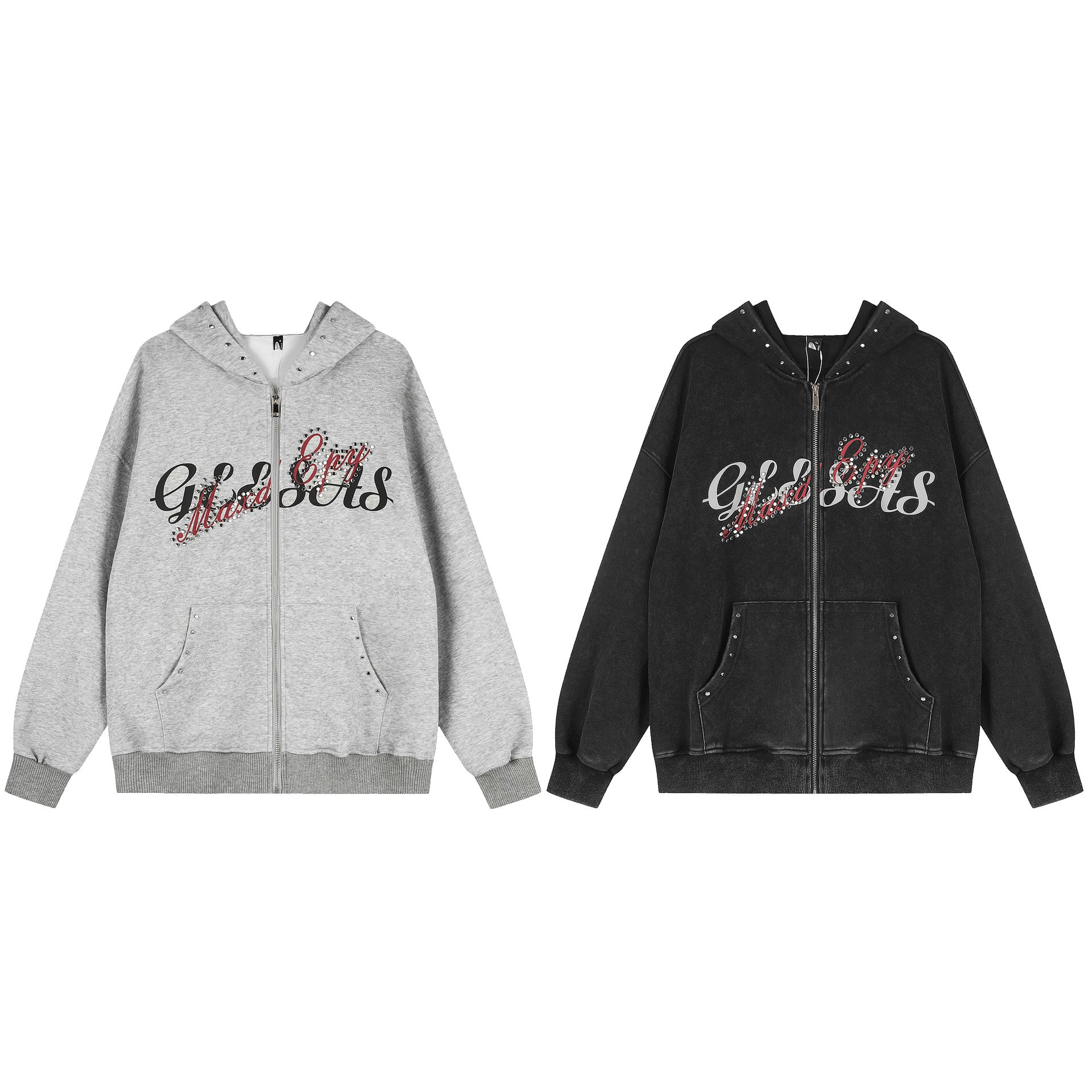 Zip-Up Hoodie Vintage Washed Rhinestone Rivet Graphic Oversized Cardigan