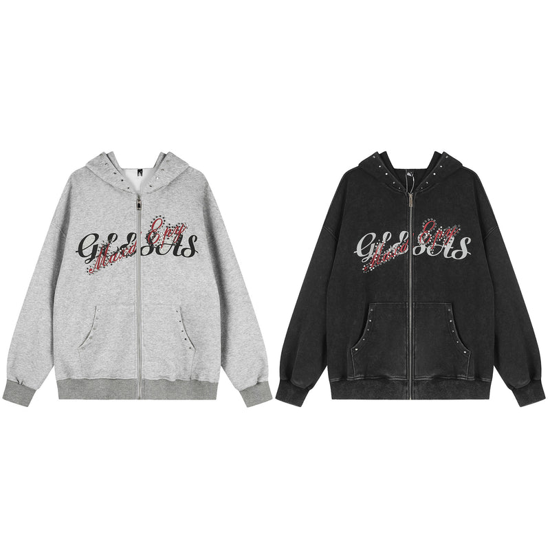 Zip-Up Hoodie Vintage Washed Rhinestone Rivet Graphic Oversized Cardigan