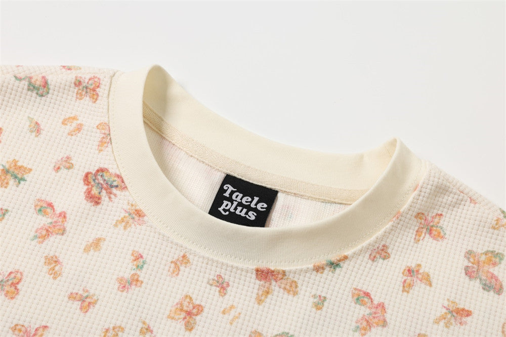 Butterfly Print Waffle Knit Long Sleeve Tee – Relaxed Fit Crew Neck