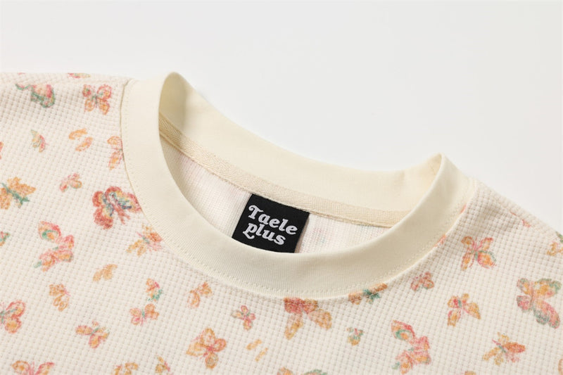Butterfly Print Waffle Knit Long Sleeve Tee – Relaxed Fit Crew Neck
