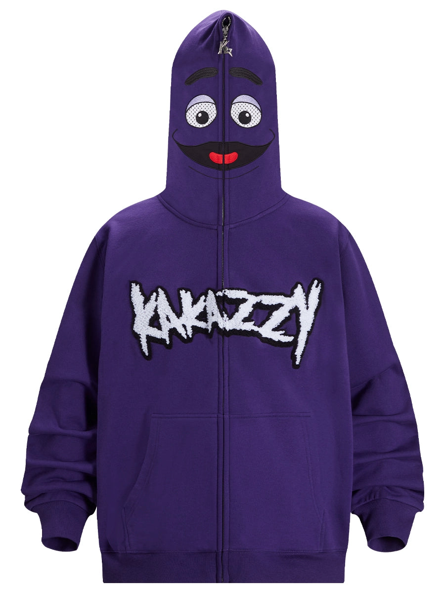 Fun Cartoon Face Hoodie - 400GSM Oversized Purple Zip-Up Streetwear Sweatshirt