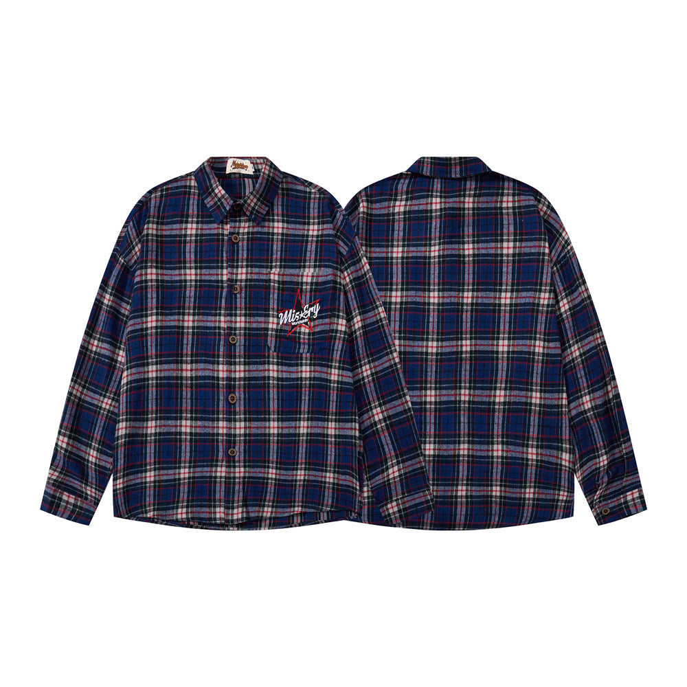 Plaid Flannel Overshirt – Relaxed Fit Long Sleeve Button-Up with Star Logo
