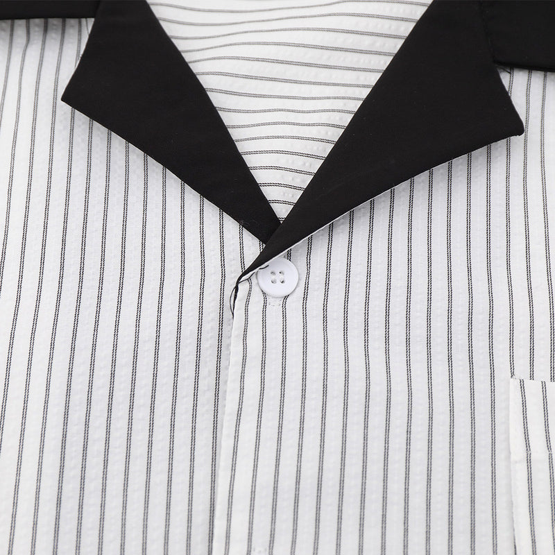 Close-up of black collar and top button on white striped long sleeve shirt