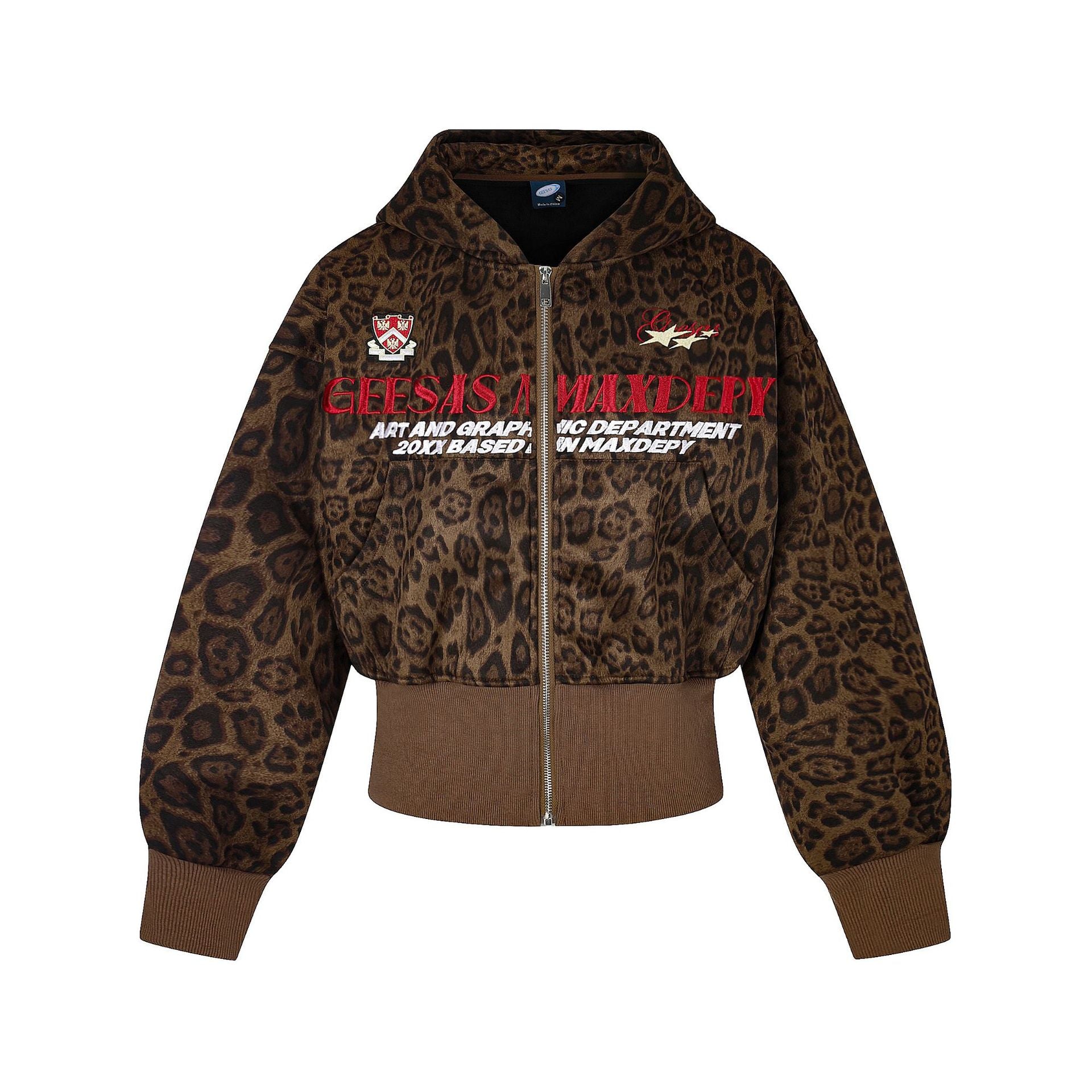 Veste à capuche courte zippée à imprimé léopard