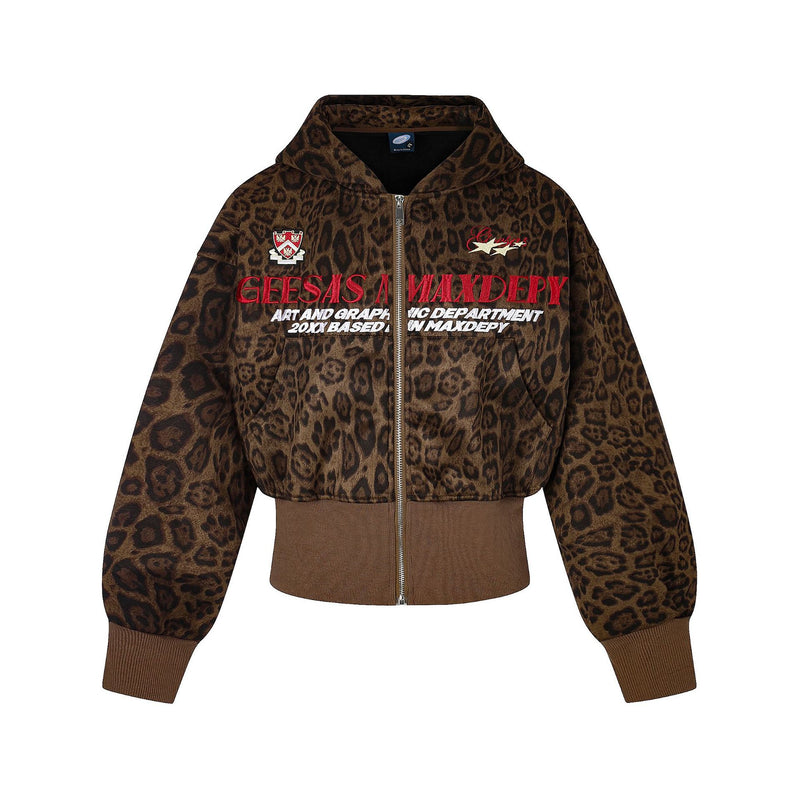 Veste à capuche courte zippée à imprimé léopard