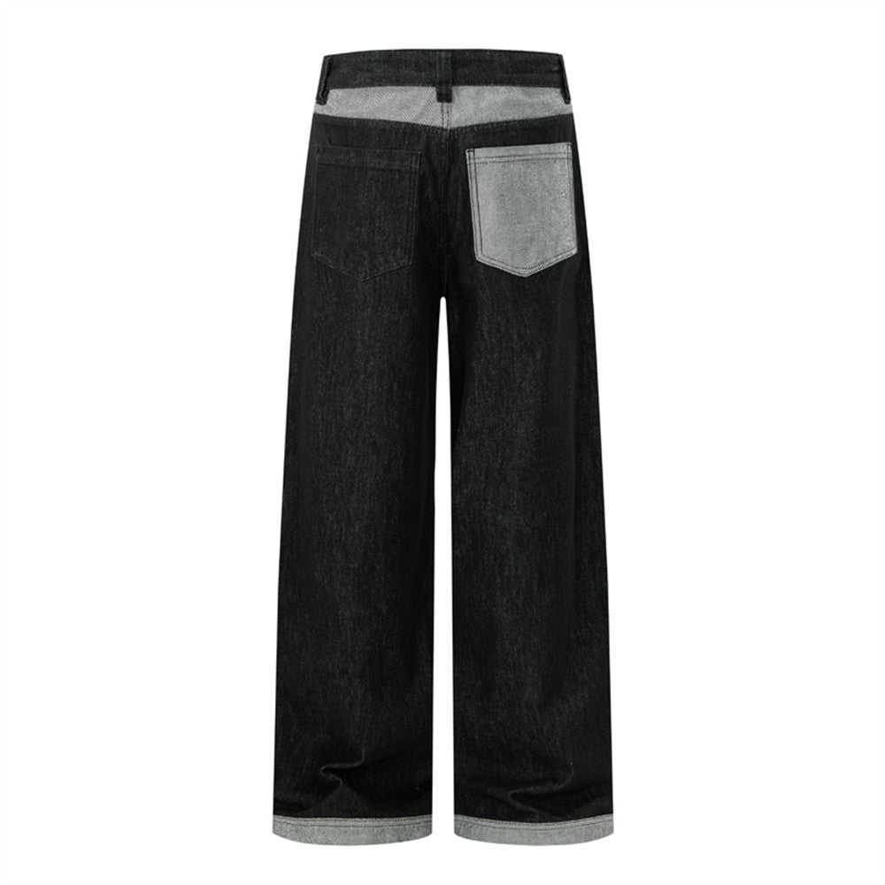 Jean homme noir baggy – Jambes larges, poches contrastantes et denim color block
