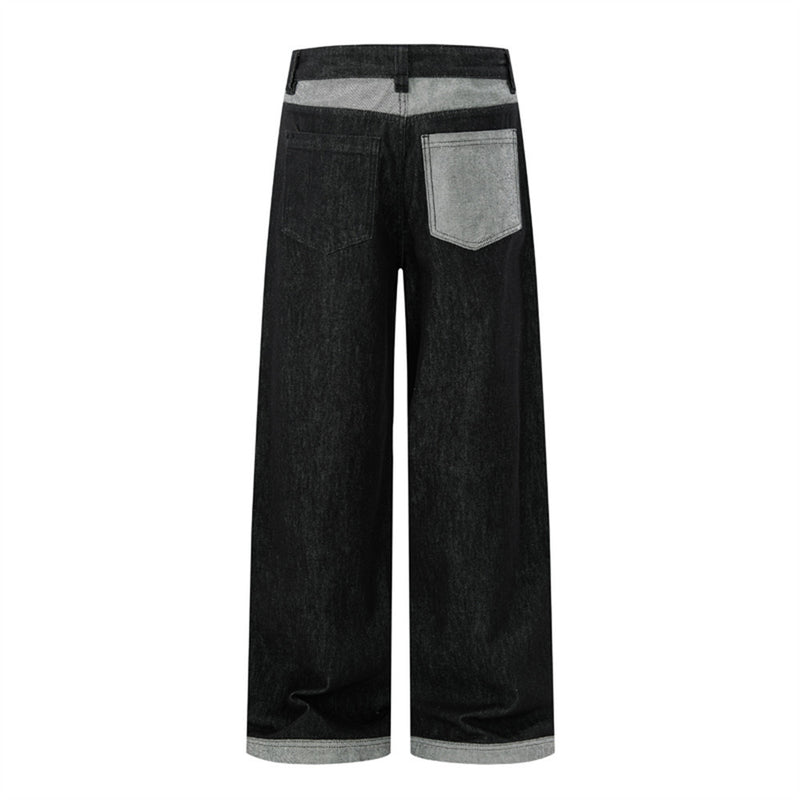 Jean homme noir baggy – Jambes larges, poches contrastantes et denim color block