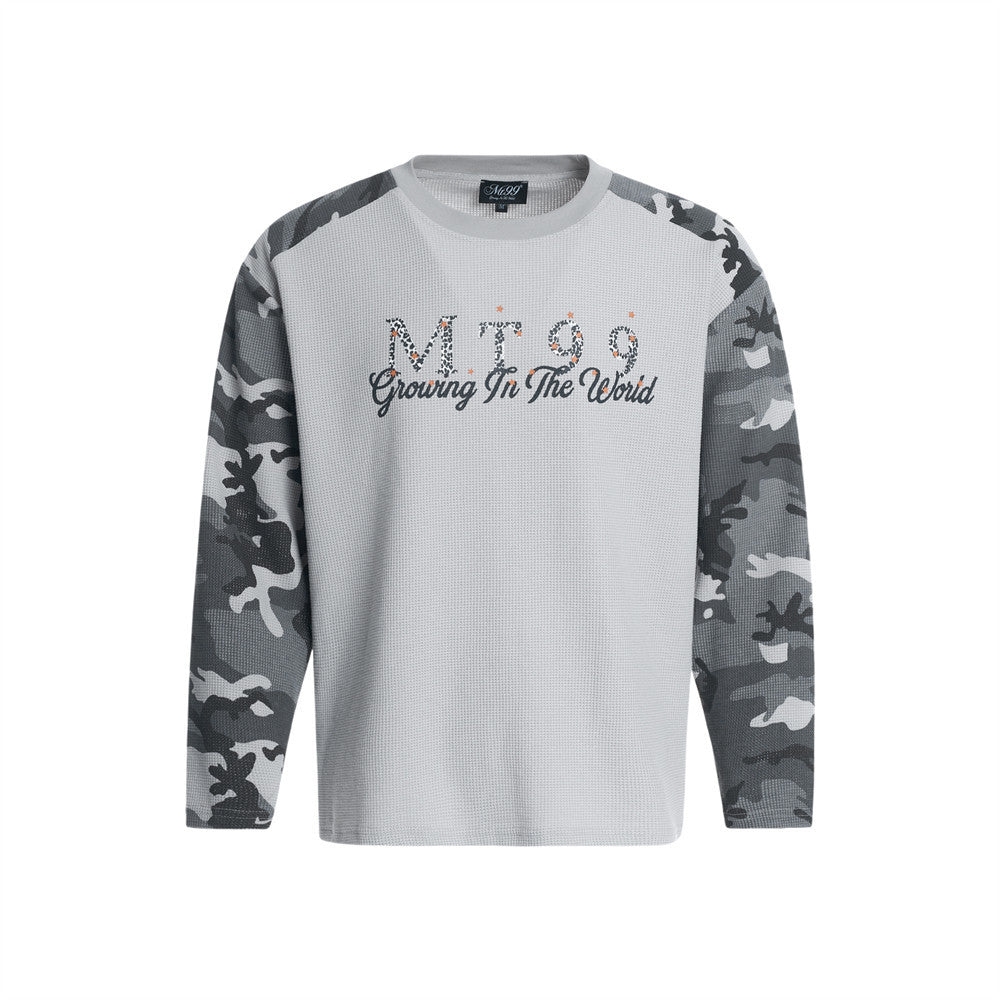 Men's oversized grey waffle-knit long sleeve tee with camo raglan sleeves and MT99 chest graphic, front view