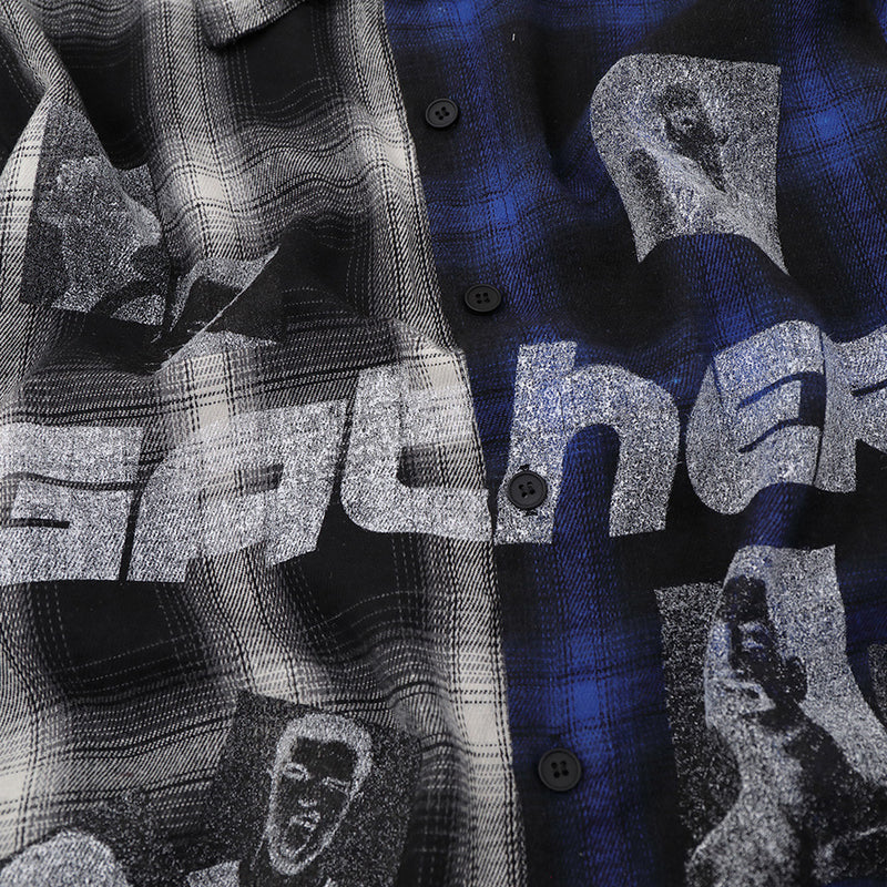 Close-up of Gather graphic print and black button placket on plaid shirt