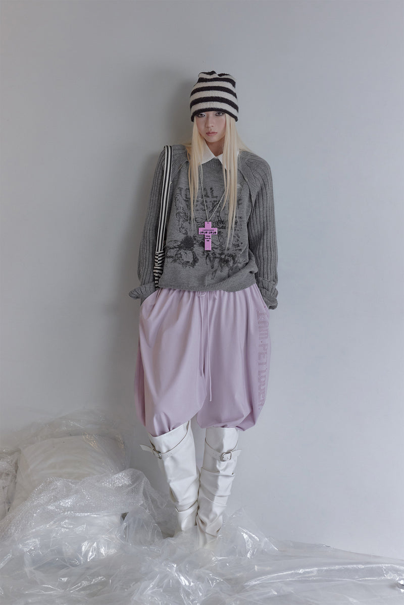 Distressed Graphic Knit Sweater – Raglan Ribbed Sleeve, Rock Print, Grey