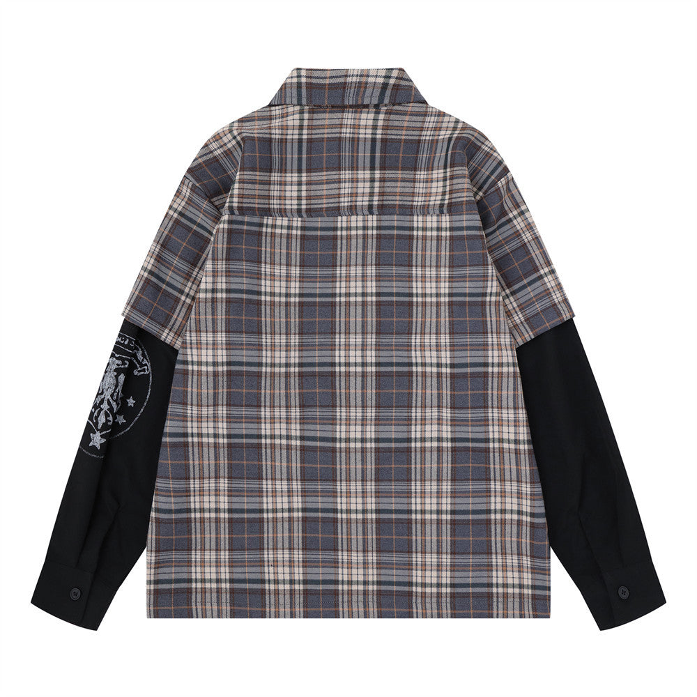 Plaid Faux Two-Piece Long Sleeve Shirt – Punk Letter Print, Relaxed Fit