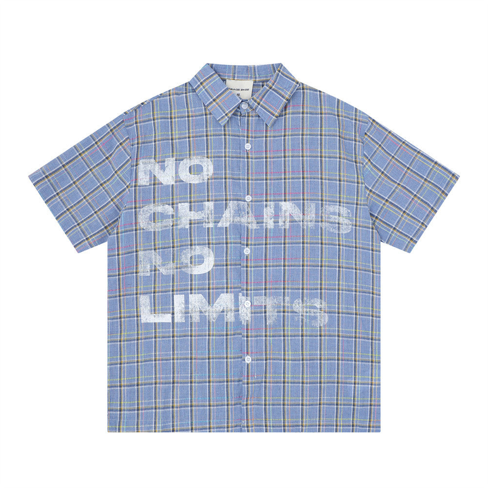 No Chains No Limits oversized plaid short sleeve shirt in sky blue with distressed graphic print