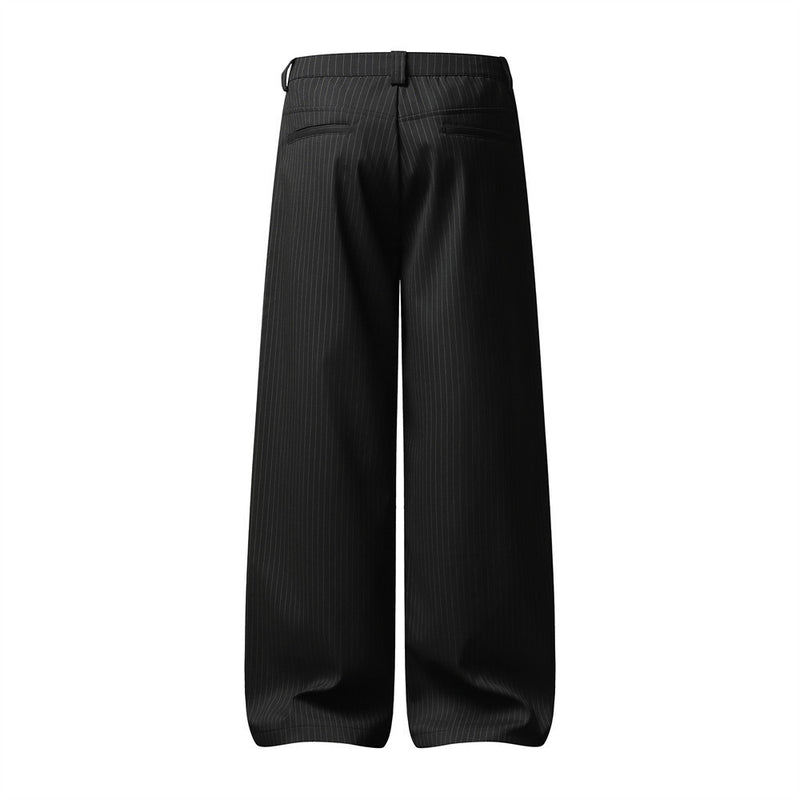 Black Pinstripe Wide-Leg Trousers – Pleated Relaxed Fit Dress Pants
